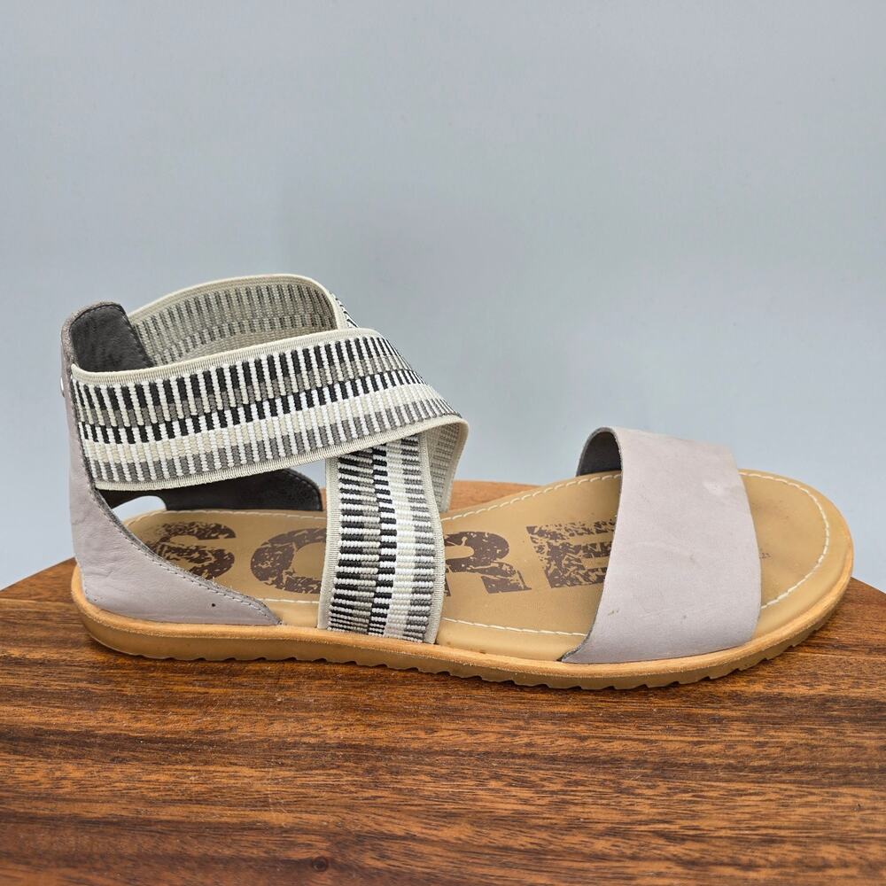 Sorel Ella Sandals Women 8.5 Dove Gray Leather Stretch Ankle Strap Flat Open Toe
